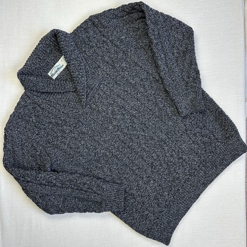 Vtg‎ Arancrafts 100% Merino Wool Fisherman Knit Sweater Shawl Neck Men XL Gray